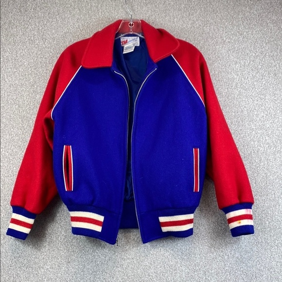 Vintage varsity jacket bomber style virgin wool red blue TM Athletics made in US - Picture 1 of 13
